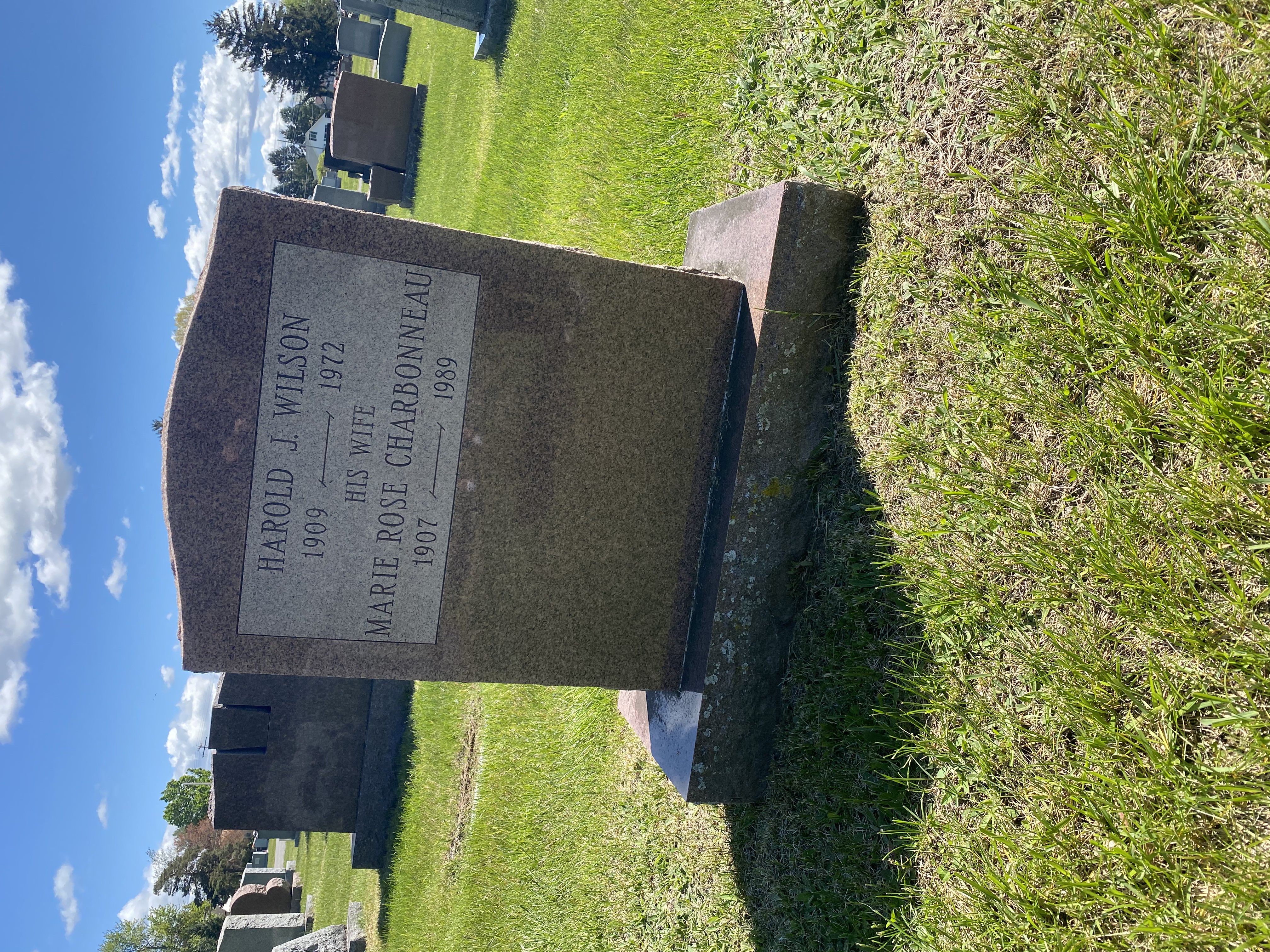 Marie Rose's Grave, inscribed Harold J Wilson, 1909 to 1972, his wife, Marie Rose Charbonneau, 1907-1989